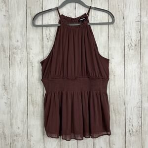 Express Smocked Waist High Neck Blouse Brown Earthy Sleeveless Club Top Large